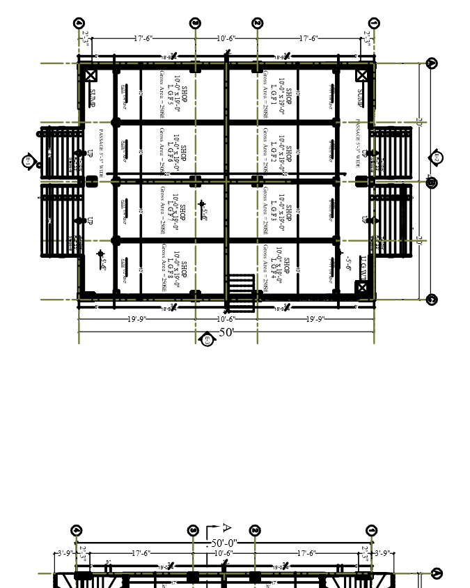 Multi-floor architectural plan drafted in AutoCAD with shops, units and dimensions
