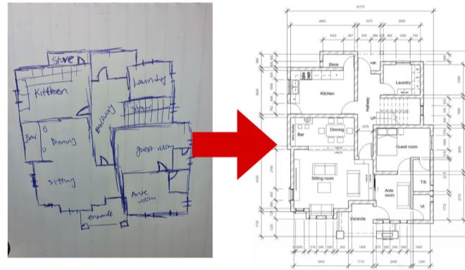 Hand-drawn sketch converted into a professional dimensioned AutoCAD floor plan